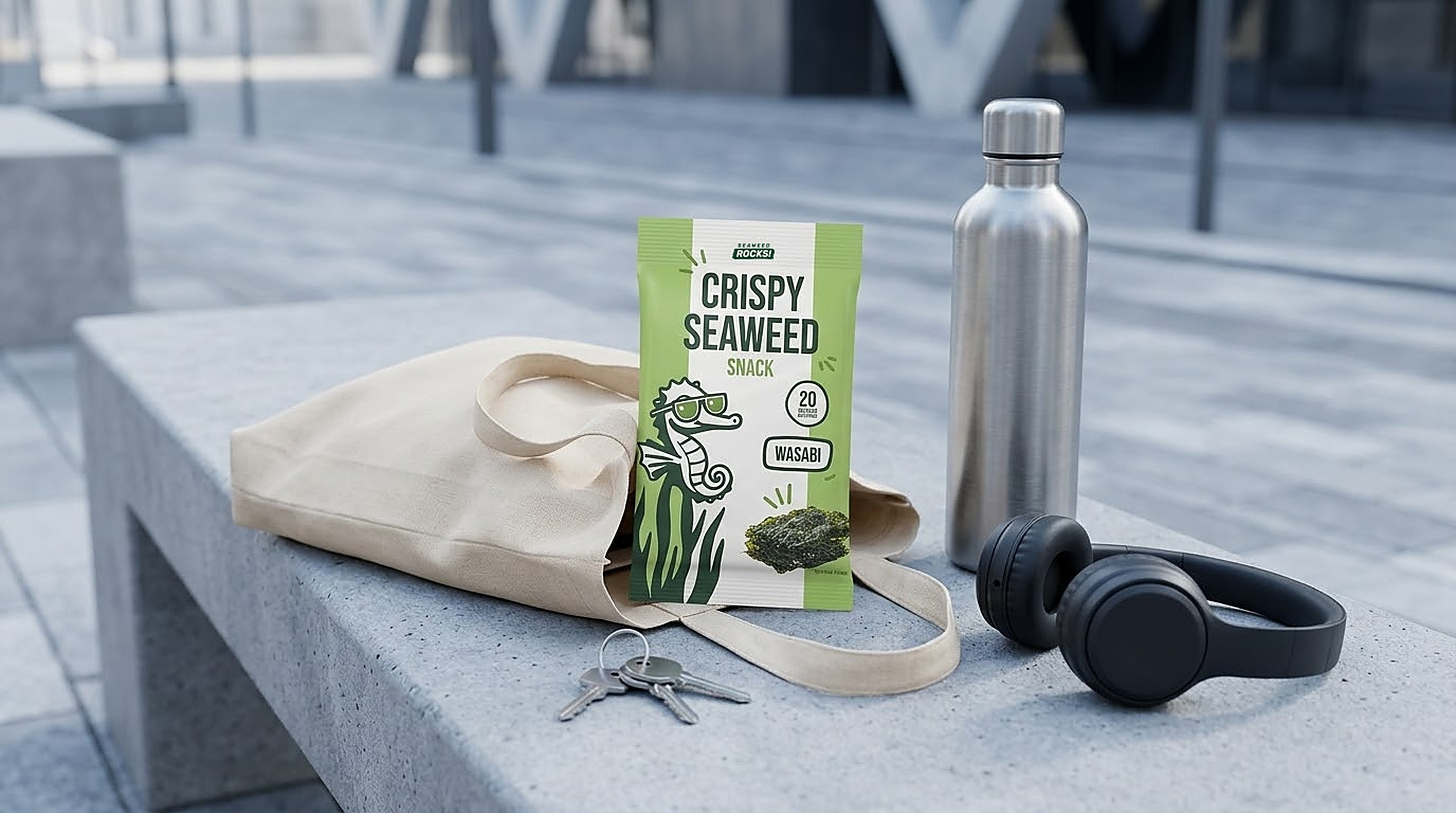 Seaweed Rocks Wasabi snack in a tote bag on a city bench with headphones and a water bottle